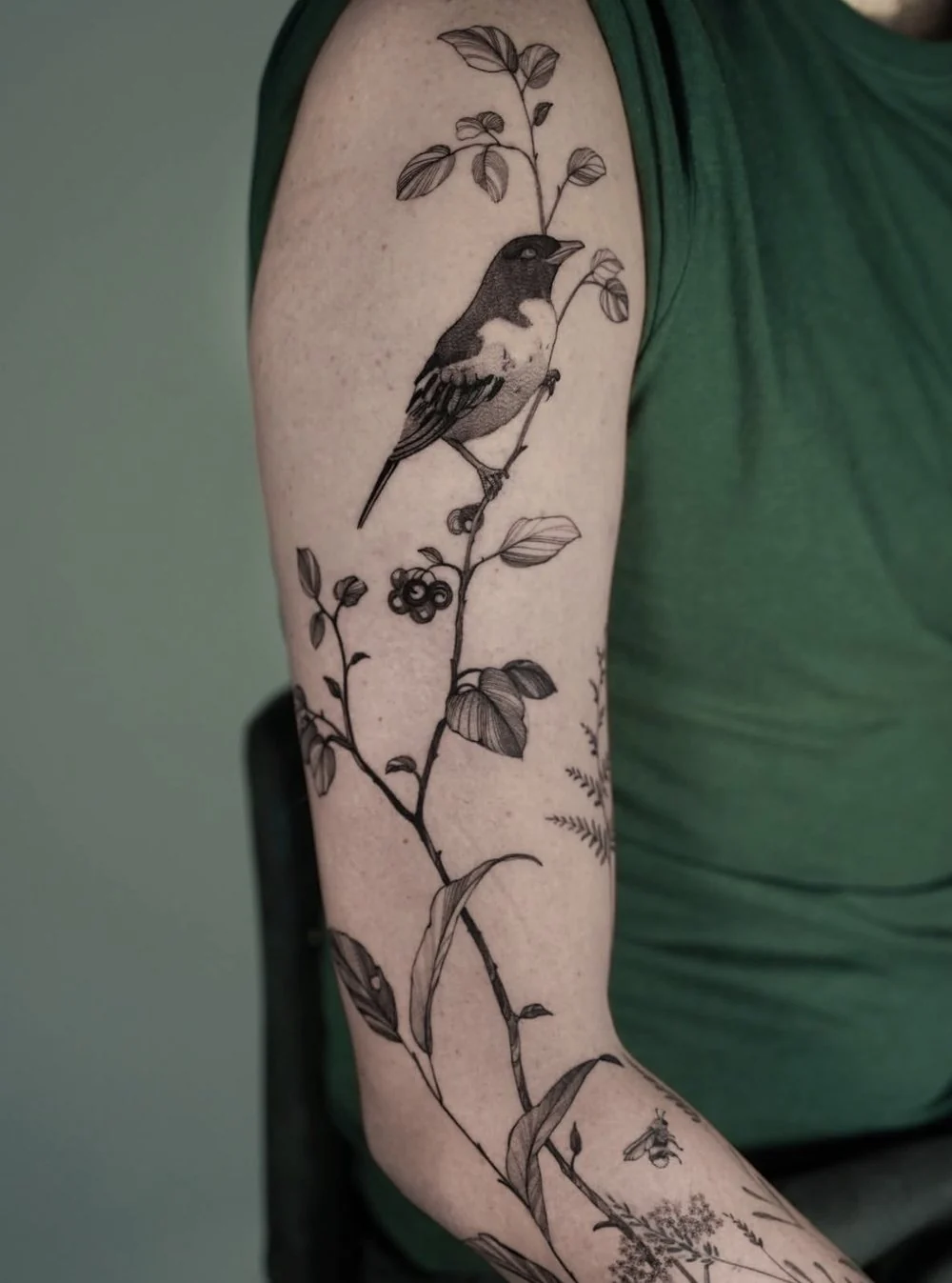 Vogel auf einem Zweig · Arm · Tattoo von Misha, Velvet Line Karlsruhe
