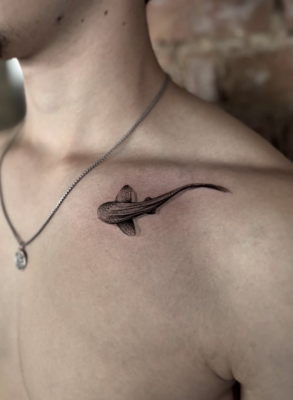 Kleiner Hai als Micro Realistic Tattoo am Schlüsselbein, von Barni, Velvet Line Karlsruhe