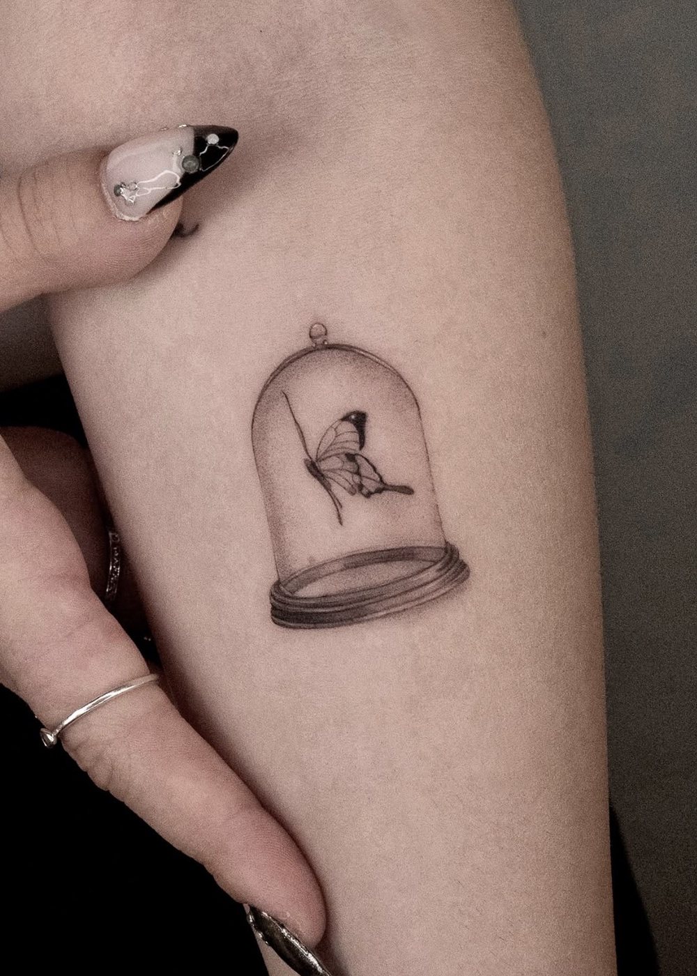 Schmetterling unter Glasglocke, feines Tattoo am Arm, von Barni, Velvet Line Karlsruhe
